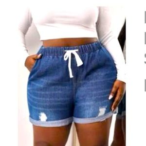 Drawstring rolled up jean shorts